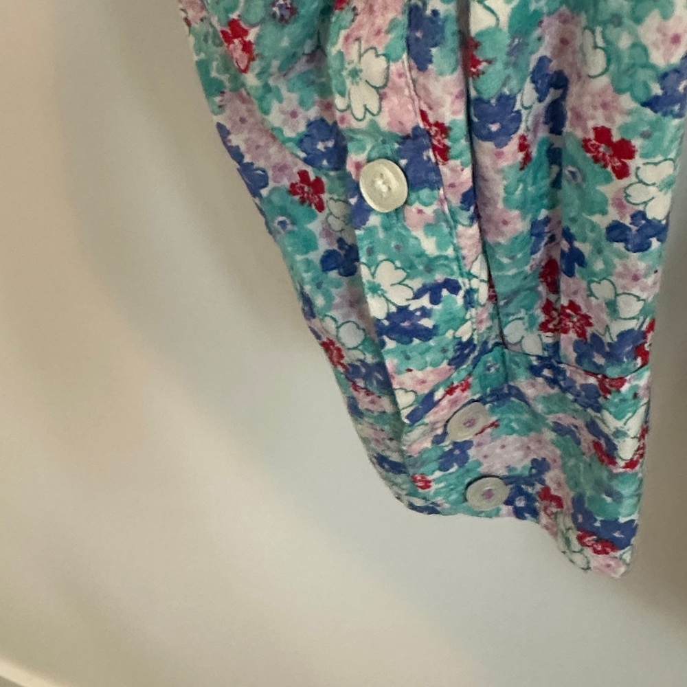 Talbots Aqua Ditsy Floral Button Front Shirt, 100% Cotton, Size Medium - Picture 3 of 8